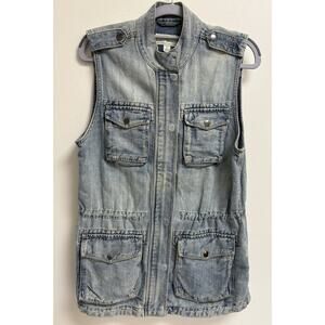 Lucky Brand Women's S Blue Military Denim Utility Vest 61% Cotton 39% Linen Zip